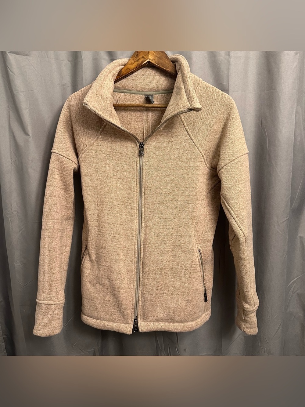 PrAna Tri Thermal Threads Full Zip Sweater Heather Beige Women’s Small